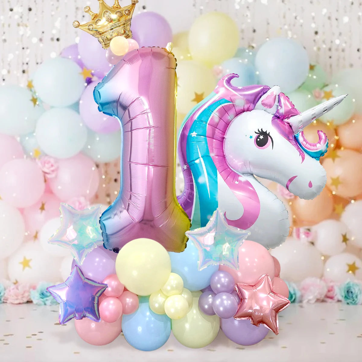 42pcs Unicorn Rainbow Color Numbers 0-9 Mini Crown Aluminum Film Balloon Set Girls Unicorn Theme Birthday Party Decorations