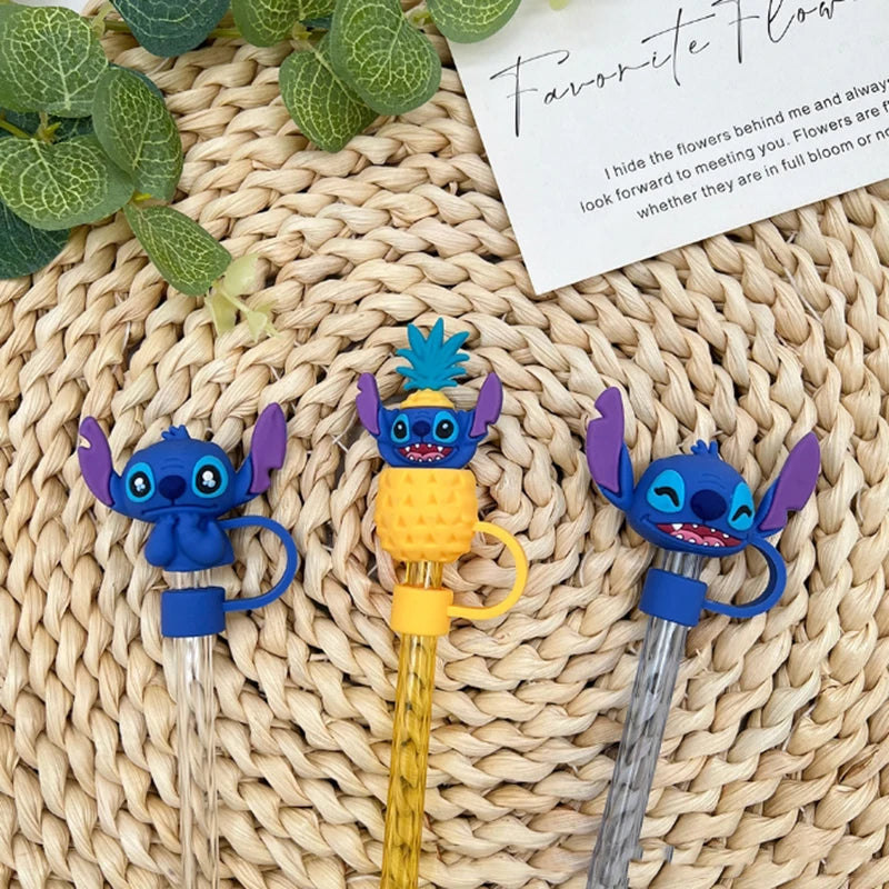 MINISO 10mm Straw Cap Stitch Kawaii Cute Student Anime Cartoon Cups Straw Sleeves Dust Plug Decorations Toys Boys Girls Gifts