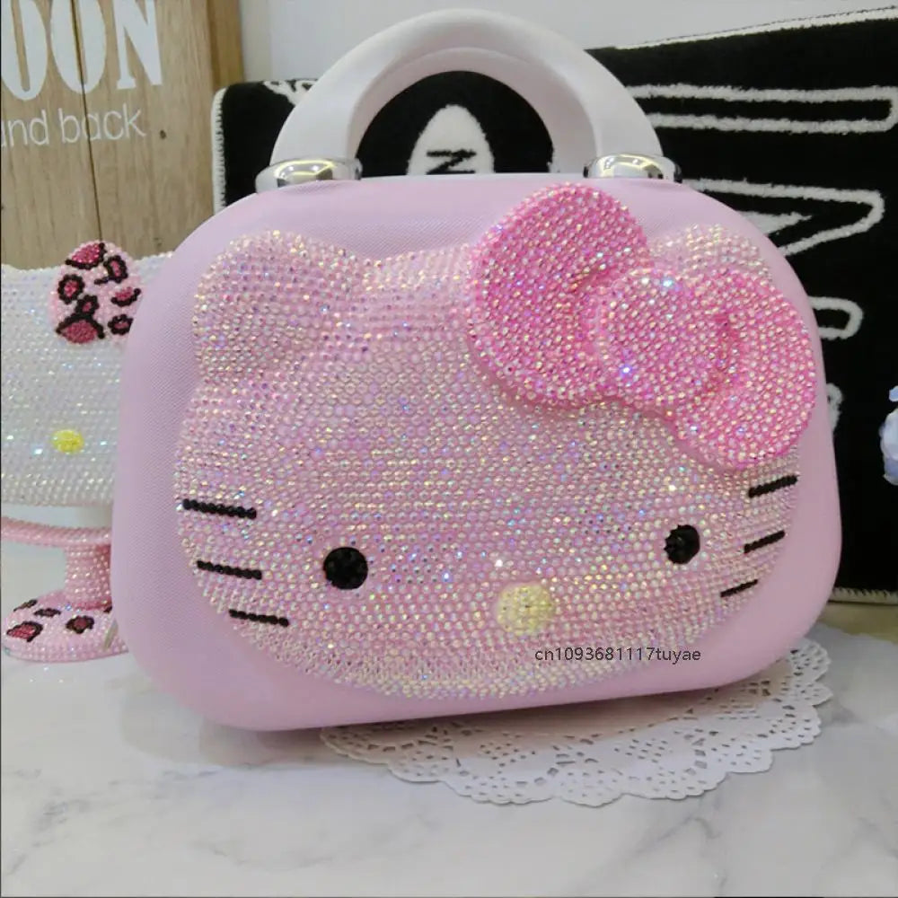 Kawaii 14 Inches Hello Kitty Cosmetic Case Sanrioed Anime Suitcase High Capacity with Lock Storage Bag Girl High End Gift Travel