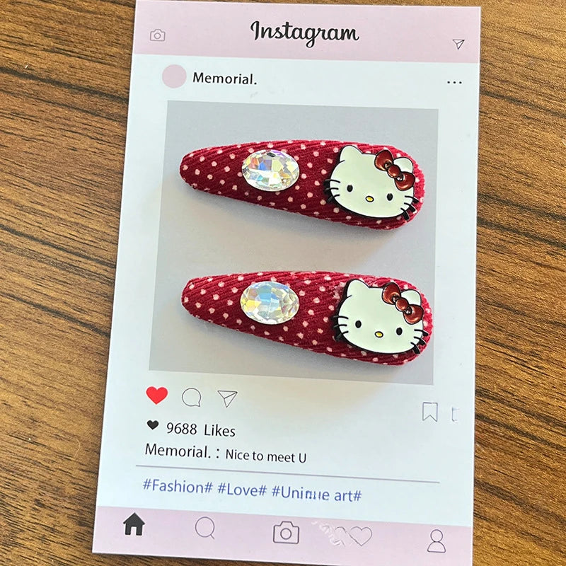 Sanrio Hello Kitty Girls Hairpin Fashion Cartoon KT Cat Women Rhinestone Bow Hair Clip Charm Girls Hair Accessories Gifts