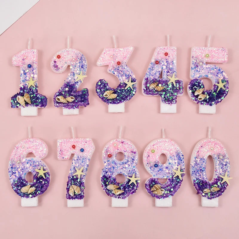 Mermaid Cake Candle Pink Purple 0-9Numbers Cake Topper Girl Little Mermaid Birthday Party Cake Decoration Supplies Under the sea