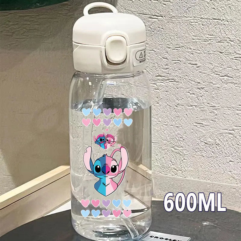 Lilo&Stitch 560/600/400ML Water Cup Children Portable Plastic Transparent Straw Stitch Outdoor Large Capacity Sport Water Bottle