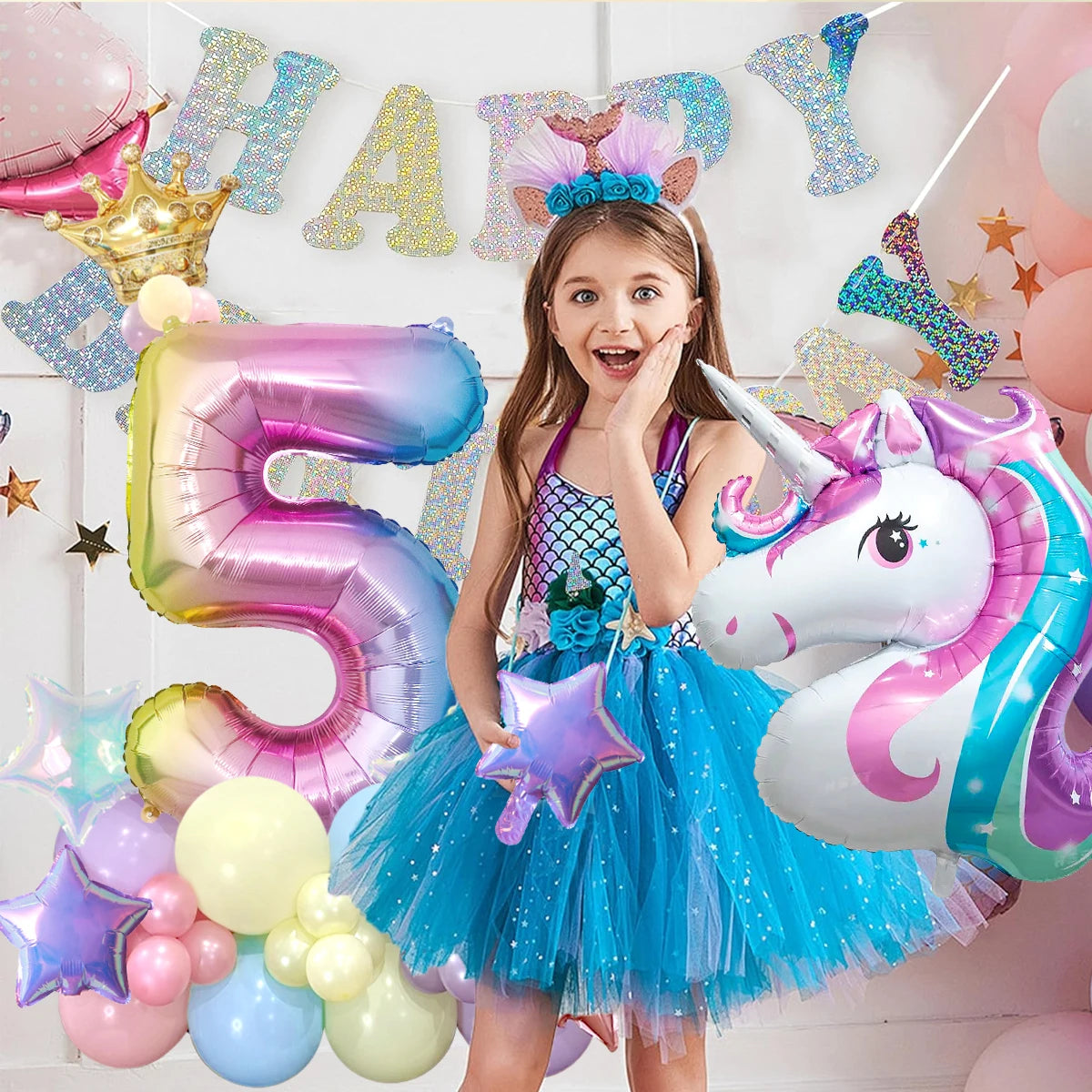 42pcs Unicorn Rainbow Color Numbers 0-9 Mini Crown Aluminum Film Balloon Set Girls Unicorn Theme Birthday Party Decorations