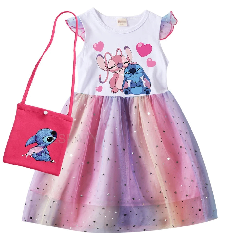Hot Lilo And Stitch Girls Children Spring Summer Tutu Stitch Dress +Bag Kids Princess Girls Birthday Party Dress Costume