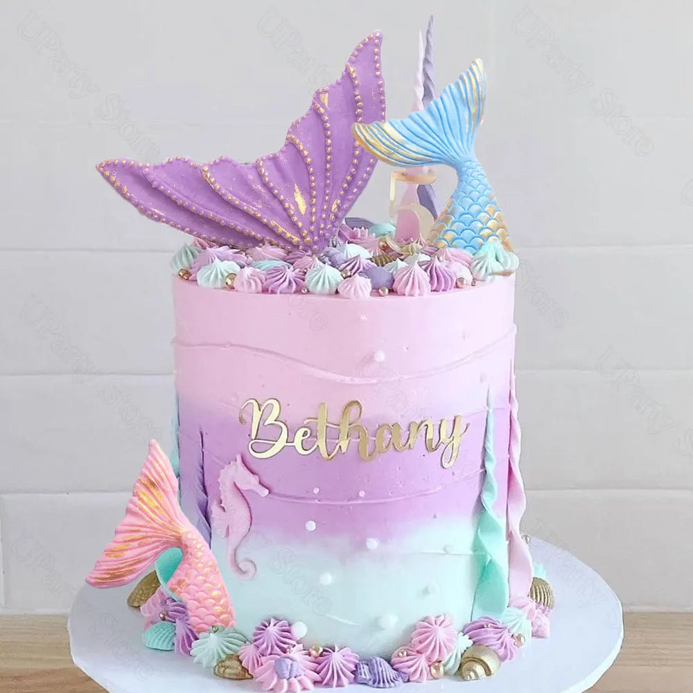 Mermail Cake Decoration Glitter Blue Pink Purple Soft Ceramic Mermail Tail Cake Toppers for Girls Birthday Baby Shower Party Dec