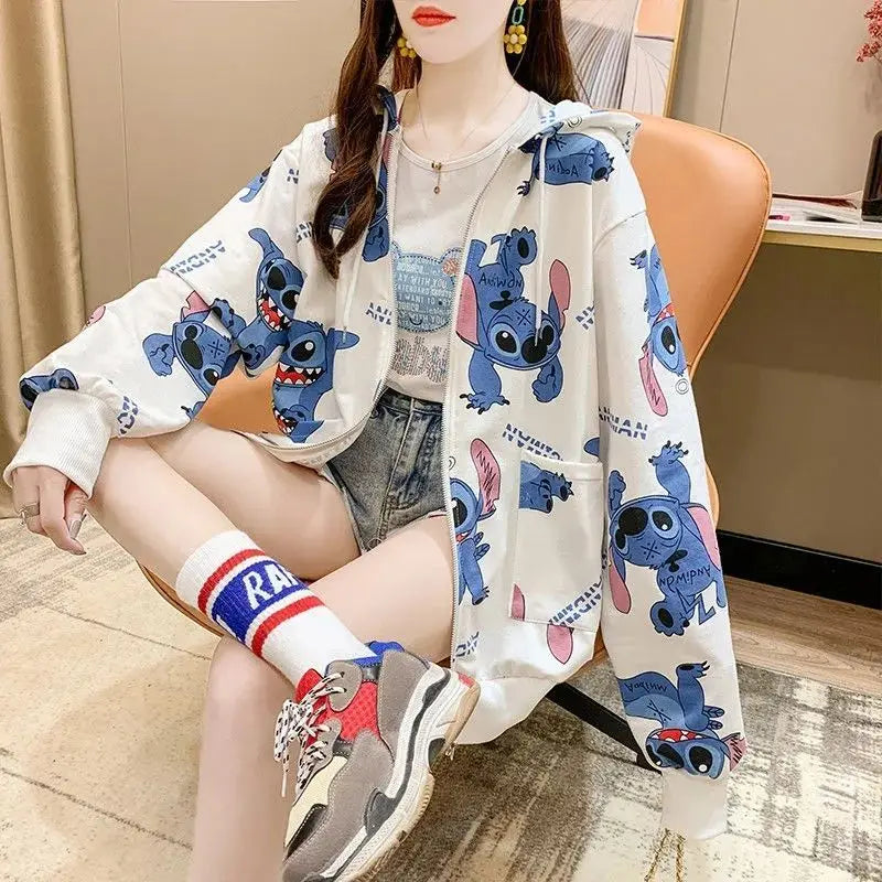 New Lilo and Stitch Hooded Sweatshirt Kawaii Women's Loose Top Thin Design Anime Printed Accessories Cartoon Cardigan Jacket