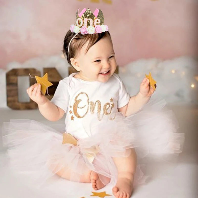 Baby Birthday Decoration Girl 1 2 3 Years Crown Hat Pink White Flower Sequins Crown 1st birthday Photo Prop Happy Birthday Gifts