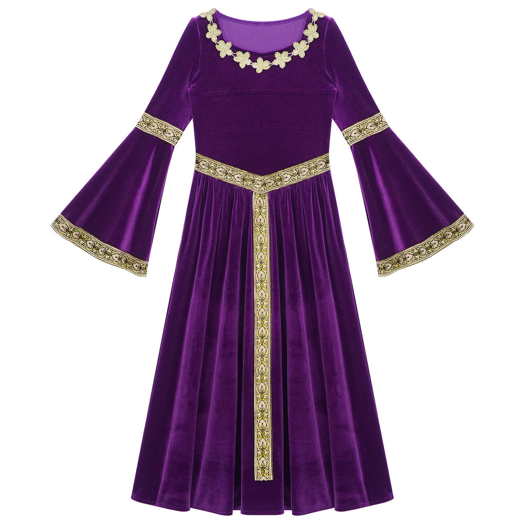 Kids Girls Medieval Renaissance Princess Costume Velvet Long Flare Sleeve Vintage Dress Gown Carnival Party Cosplay Dress Up