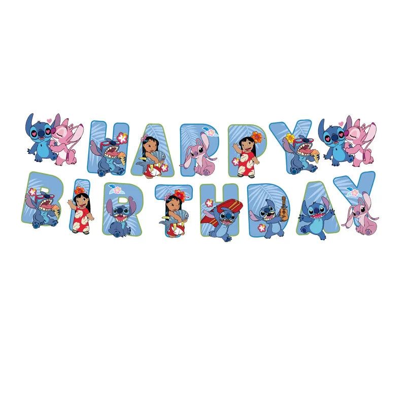 Stitch Birthday Party Decoration Pink Angel&Stitch Theme Event Supplies For Kids Balloon Disposable Tableware Banner Backdrop