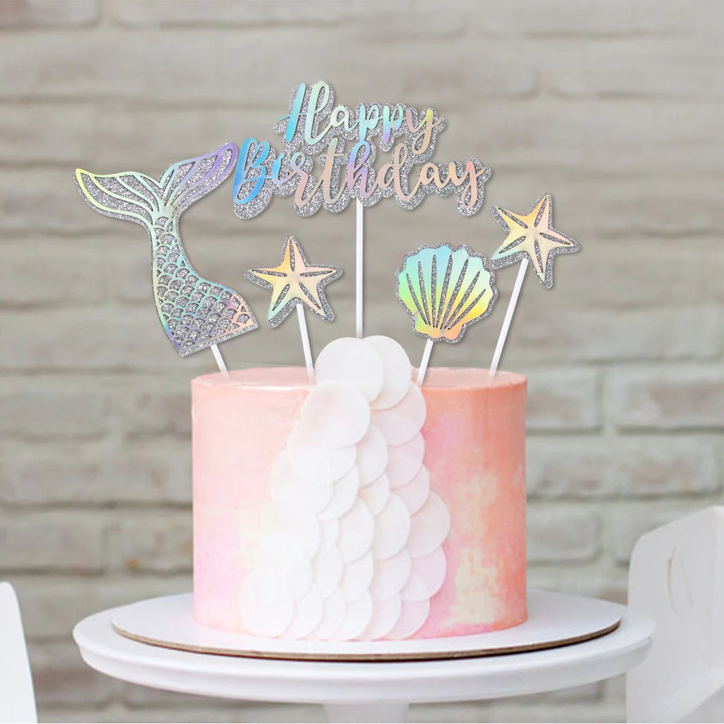 Mermaid Party Cake Decor Glitter Shell Starfish Mermaid Tail Cake Topper Under the Sea Girls 1st 2th Birthday Cupcake Topper