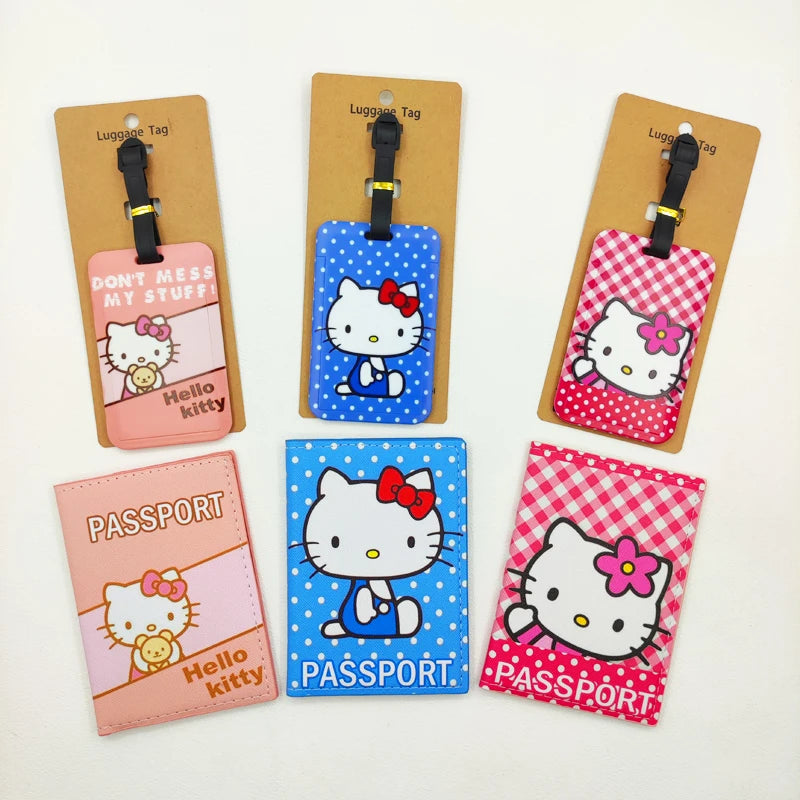 1Set Hello Kitty Passport Cover and Luggage Tags Travel Passport Holder Baggage Tag Girls Business ID Card Holder Luggage Label