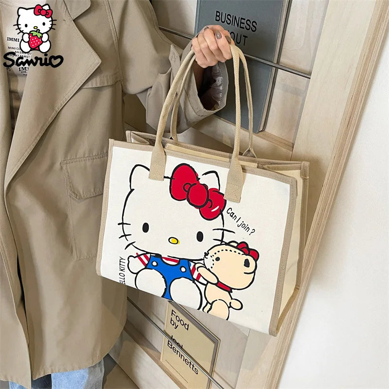Hello Kitty Canvas Bag Sanrio Tote Bag Shoulder Storage Makeup Pouch Anime Handbag Travel Shopping Bag Kid Schoolbag Girl Gift