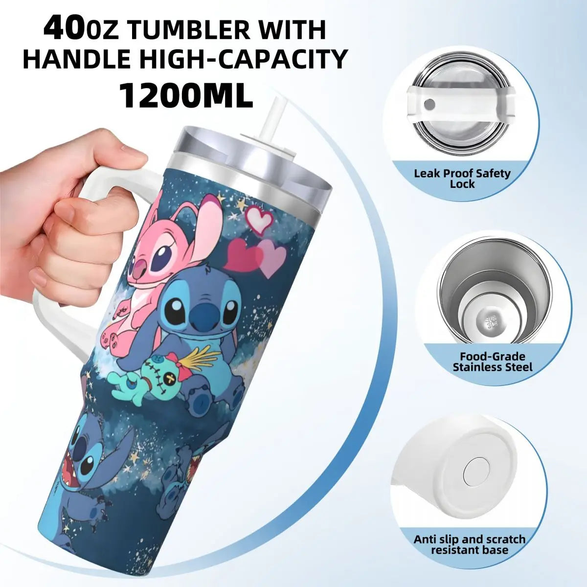 Stainless Steel Tumbler   Stitch Mugs Cup With Straws Travel Cold and Hot Water Bottle Heat Preservation 40oz Thermal Mug