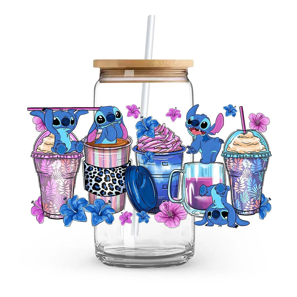 Stitch Love Cartoon Anime Stickers Romantic UV DTF Transfer Sticker Self-Adhesive Individualized Cup Adornments