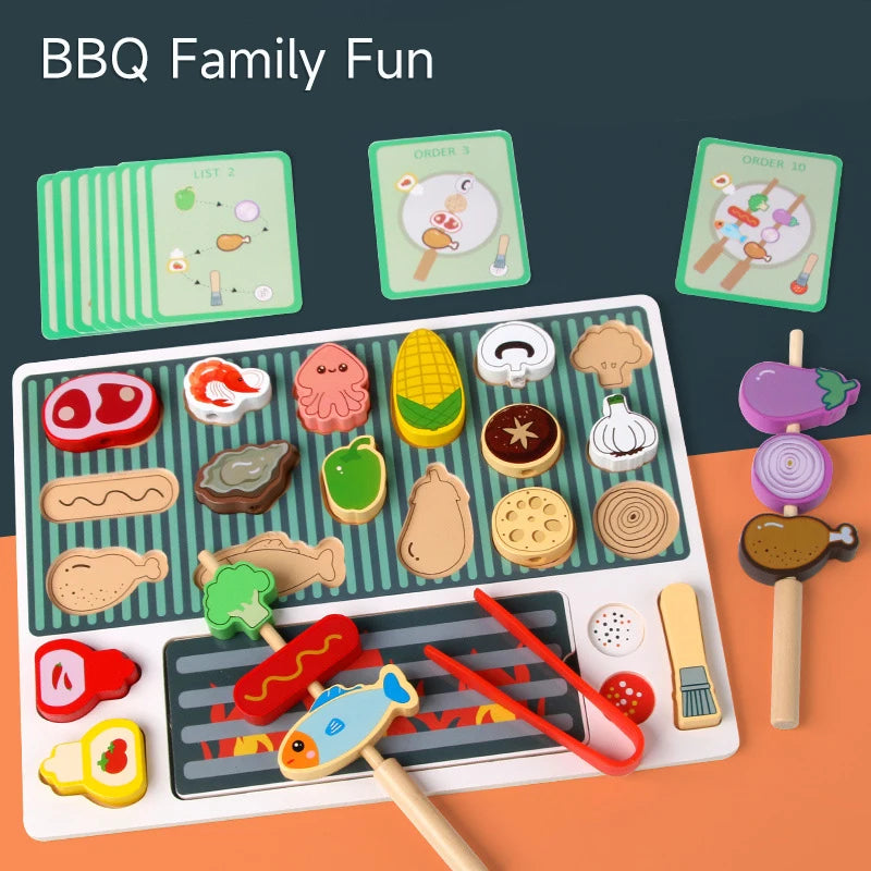 Children Wooden Barbecue Toys Kids Wooden Simulation Food Barbecue Cooking Kitchen Toys Parent-Child Interaction Play House Toys
