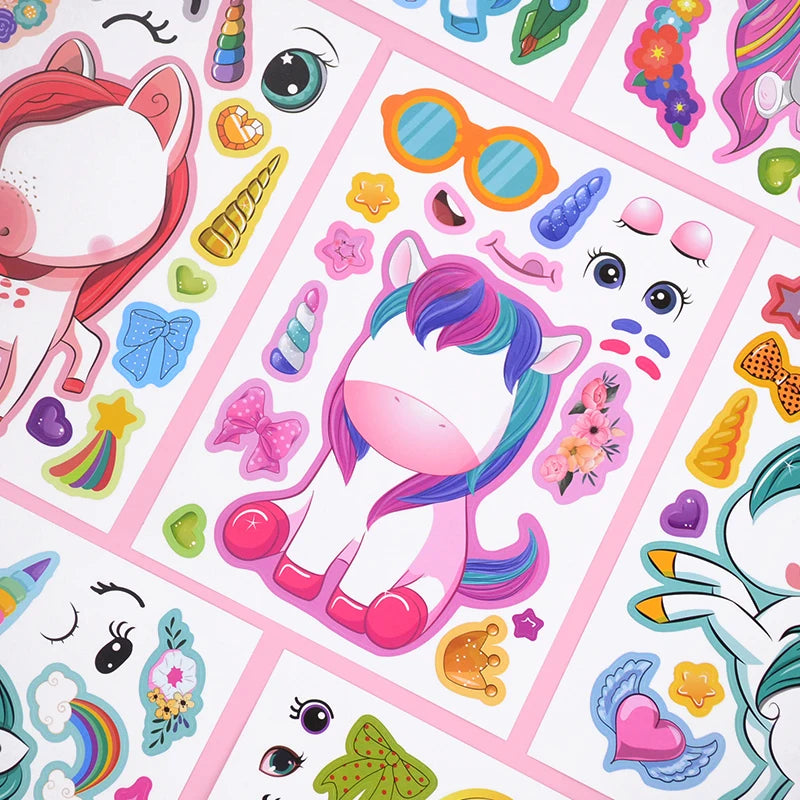 6/12Sheets Cartoon Unicorn Make A Face Assemble DIY Sticker Girls Unicorn Birthday Party Decoration Supplies Gifts for guests