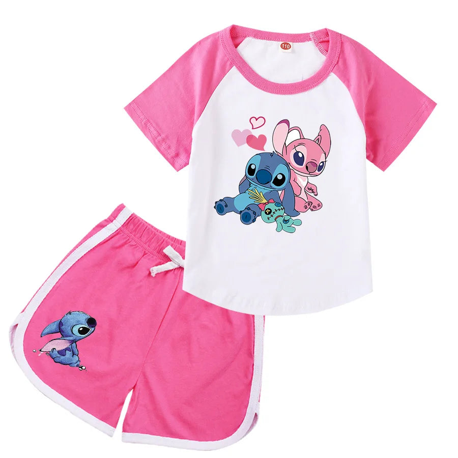 Lilo And Stitch Kids Costume Girls Casual Outfits Boys Short Sleeves T-shirt Shorts 2 Pcs Sets Girls Casual Sportswear