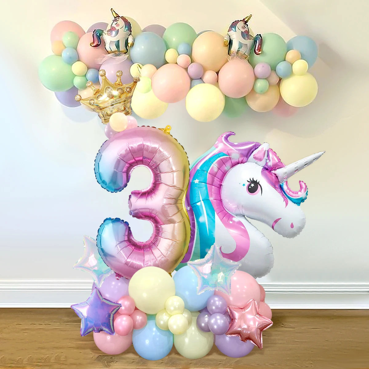 42pcs Unicorn Rainbow Color Numbers 0-9 Mini Crown Aluminum Film Balloon Set Girls Unicorn Theme Birthday Party Decorations