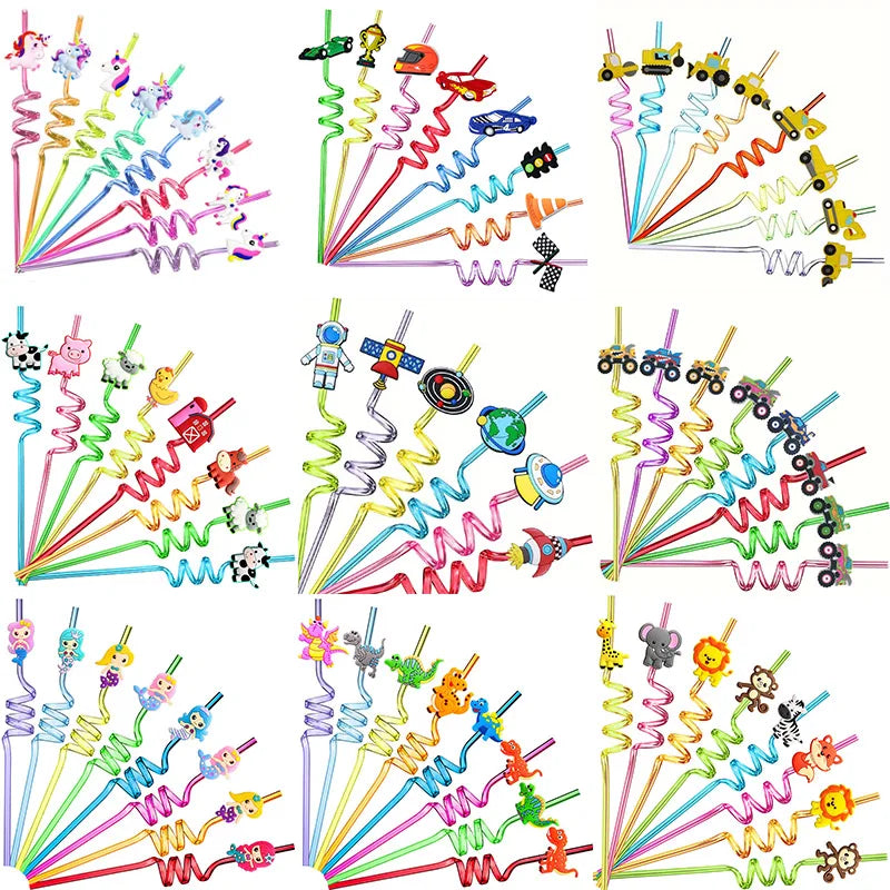 4pcs Multi themed Cute Party Straws,Unicorn Mermaid Dinosaur Party Straw,Reusable Plastic Straws for Kids Birthday Decor Gifts