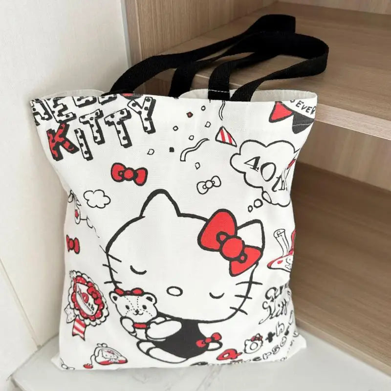 Anime Sanrio Hello Kitty Canvas Bag Zippered Student Book Large Capacity Class Tote Bag Shopping Student Girl Birthday Gifts