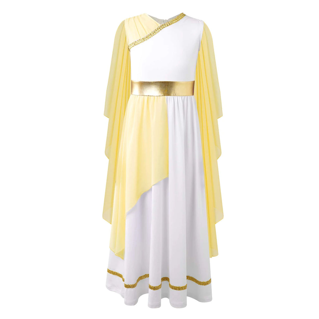 Kids Girls Ancient Greek Princess Toga Goddesses Costume Party Grecian Sleeveless Gown Dress Shawls Patchwork Flowy Tulle Dress