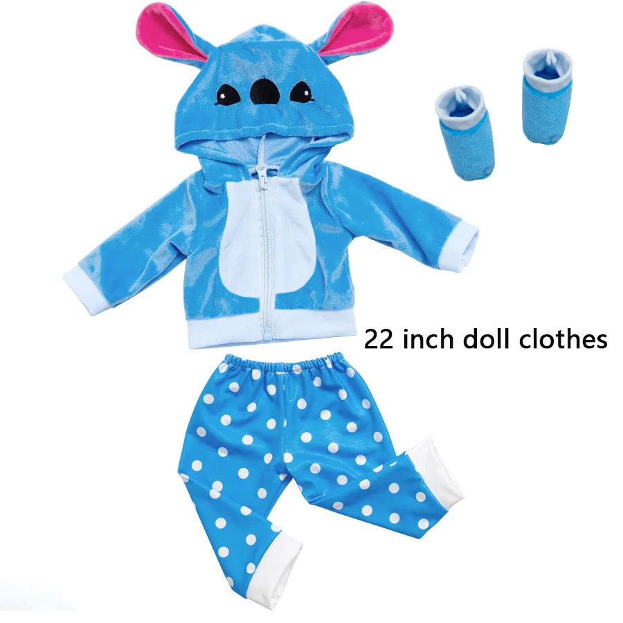 New Stitch 18/22inch Dolls Clothes Conjoined Pajamas with Hat Doll Baby Reborn Hoodies Rompers Kids Birthday Festival Gifts Toys