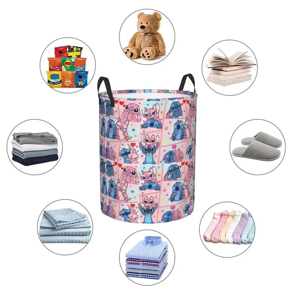 Custom Stitch Kiss Angel Love Heart Anime Laundry Hamper Large Clothes Storage Basket Toy Bin Organizer for Boy Girl