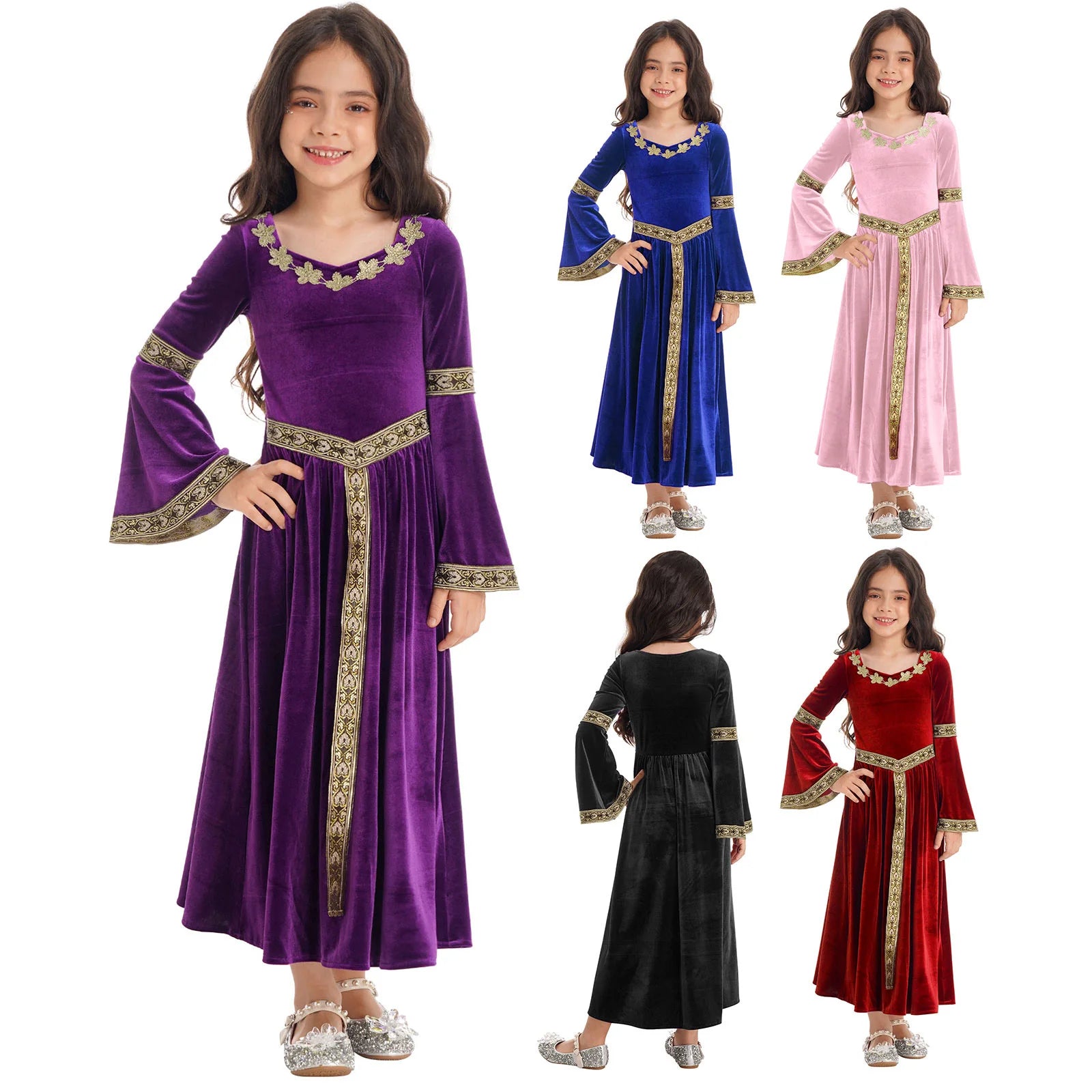 Girls Medieval Renaissance Velvet Dress Princess Queen Cosplay Costume Christmas Xmas Halloween New Year Carnival Party Dress