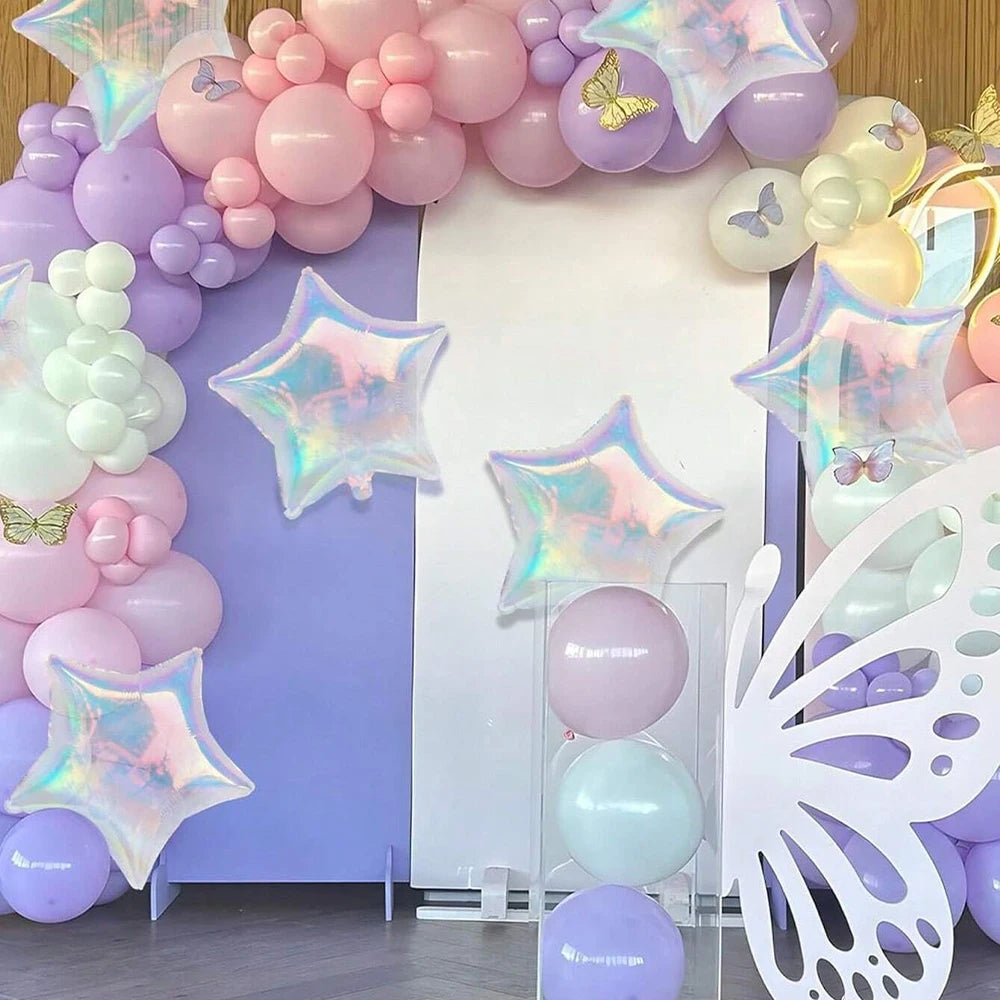 19Inch Foil Star Heart Round Balloons Transparent Iridescent Balloons for Mermaid Theme Birthday Disco Party Wedding Decorations