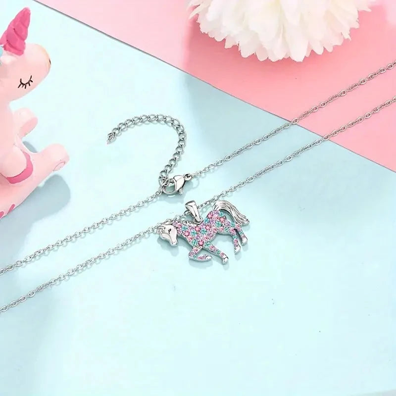 Cute Rainbow Horse Necklace Colorful Crystal Unicorn Pendant Necklaces For Women Girls Boys Christmas Gifts