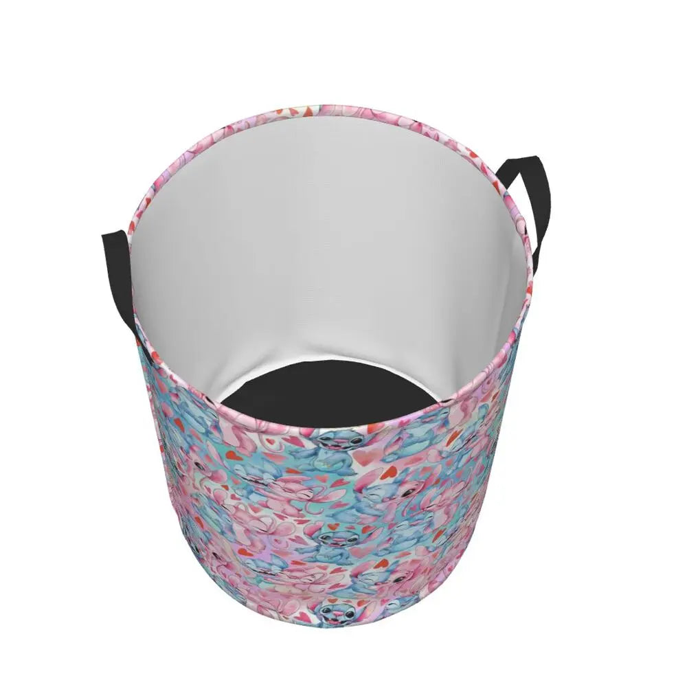 Custom Stitch Kiss Angel Love Heart Anime Laundry Hamper Large Clothes Storage Basket Toy Bin Organizer for Boy Girl