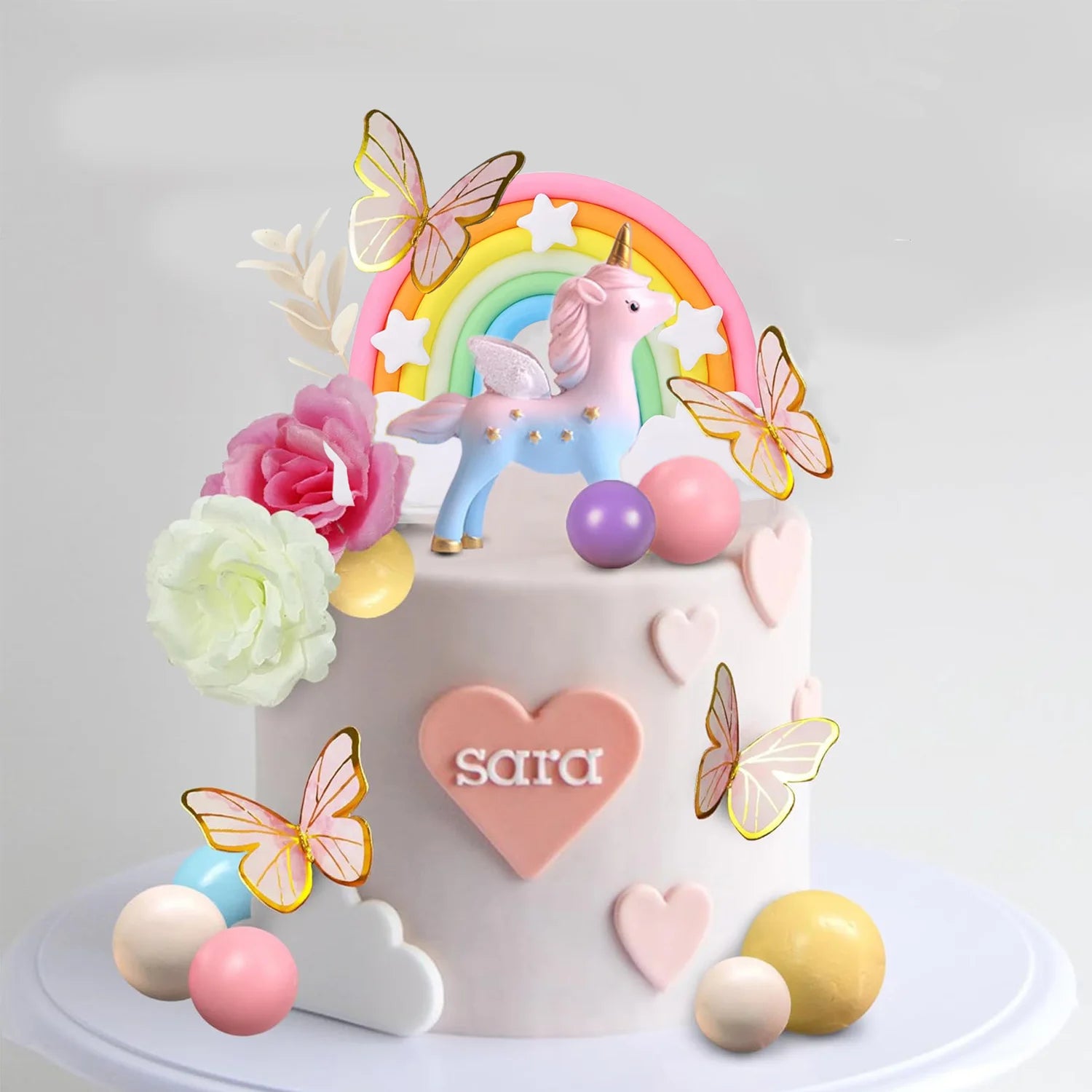 47PCS Unicorn Cake Topper Rainbow Cake Decorations with Butterflies Unicorn Balls Birthday Cake Decoration for Boys And Girls