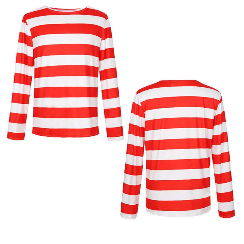 Classic Wheres Waldo Red White Striped Shirt for Men Wally Round Glasses and Hat Costume Set Unisex Halloween Cosplay Outfit