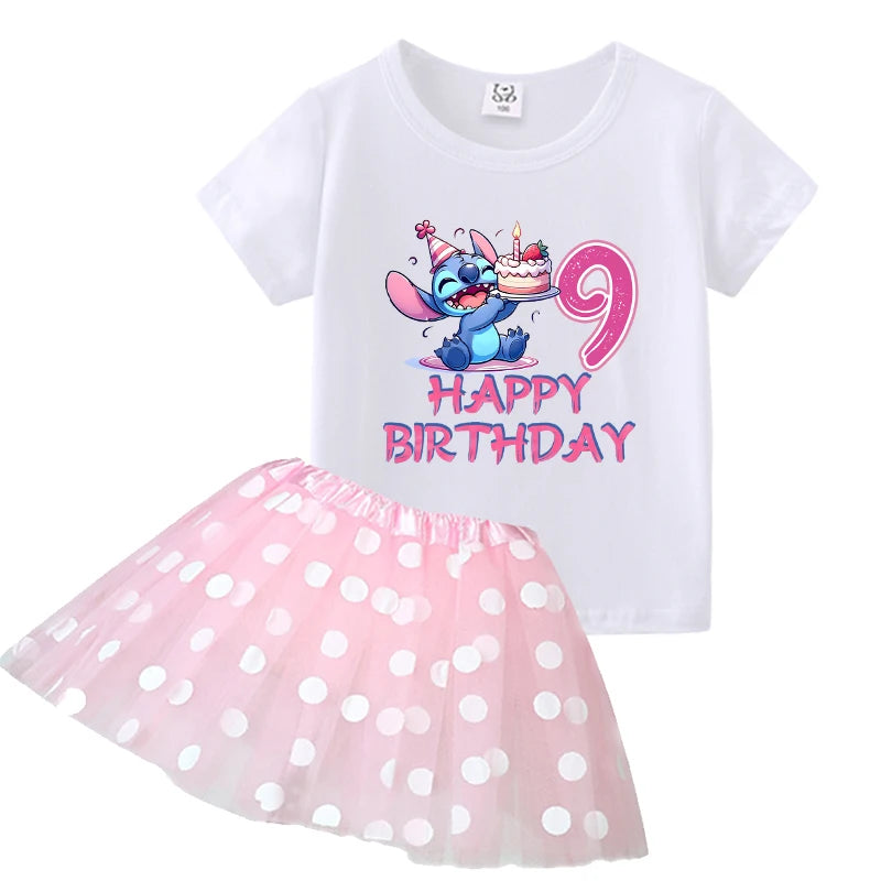 Lilo Stitch Birthday T Shirt Girl Clothes Set Cute Number Printed Tees+skirt Kid Clothing Outfit Polka Dot Skirts Tops 2pcs Suit