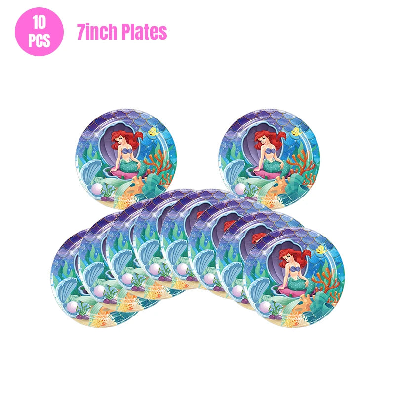 Mermaid Ariel Princess Birthday Party Decorations Disposable Tableware Plate Straw Cup Balloons Baby Shower Party Supplies