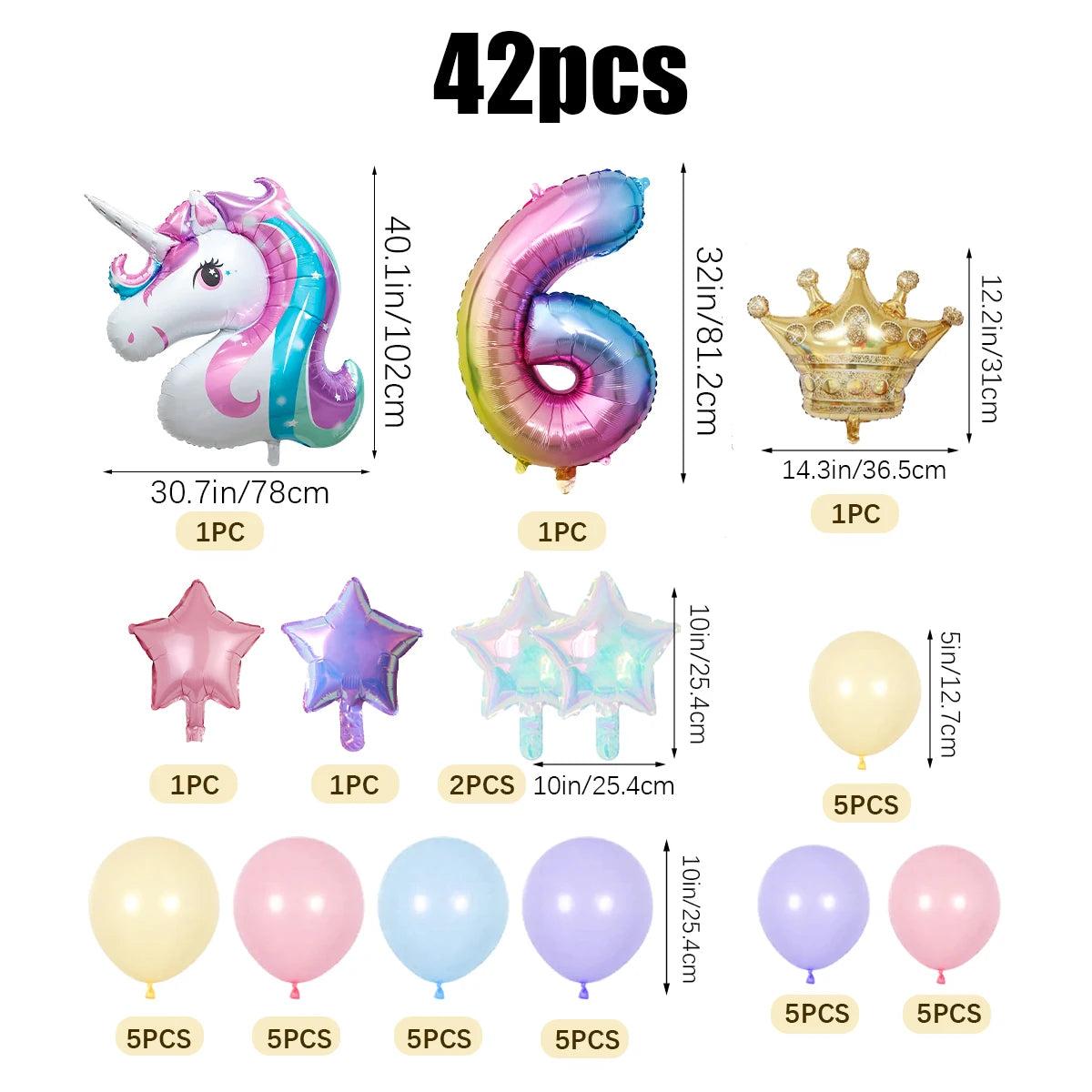 42pcs Unicorn Rainbow Color Numbers 0-9 Mini Crown Aluminum Film Balloon Set Girls Unicorn Theme Birthday Party Decorations