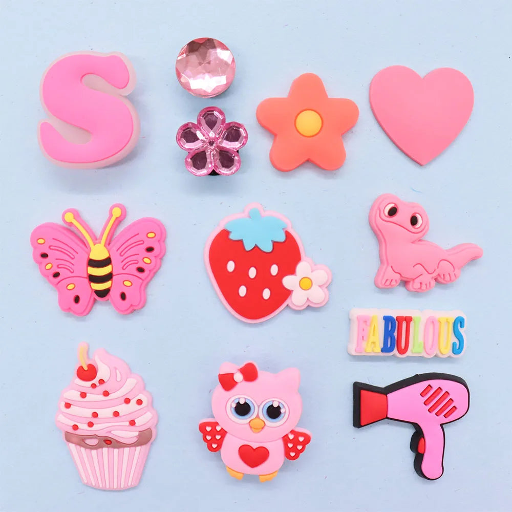 1Pcs PVC Hair Dryer Strawberry Cupcake Kids Shoe Charms Umbrella Crown Pink Series Buckle Clog Accessories Fit X-mas Gift