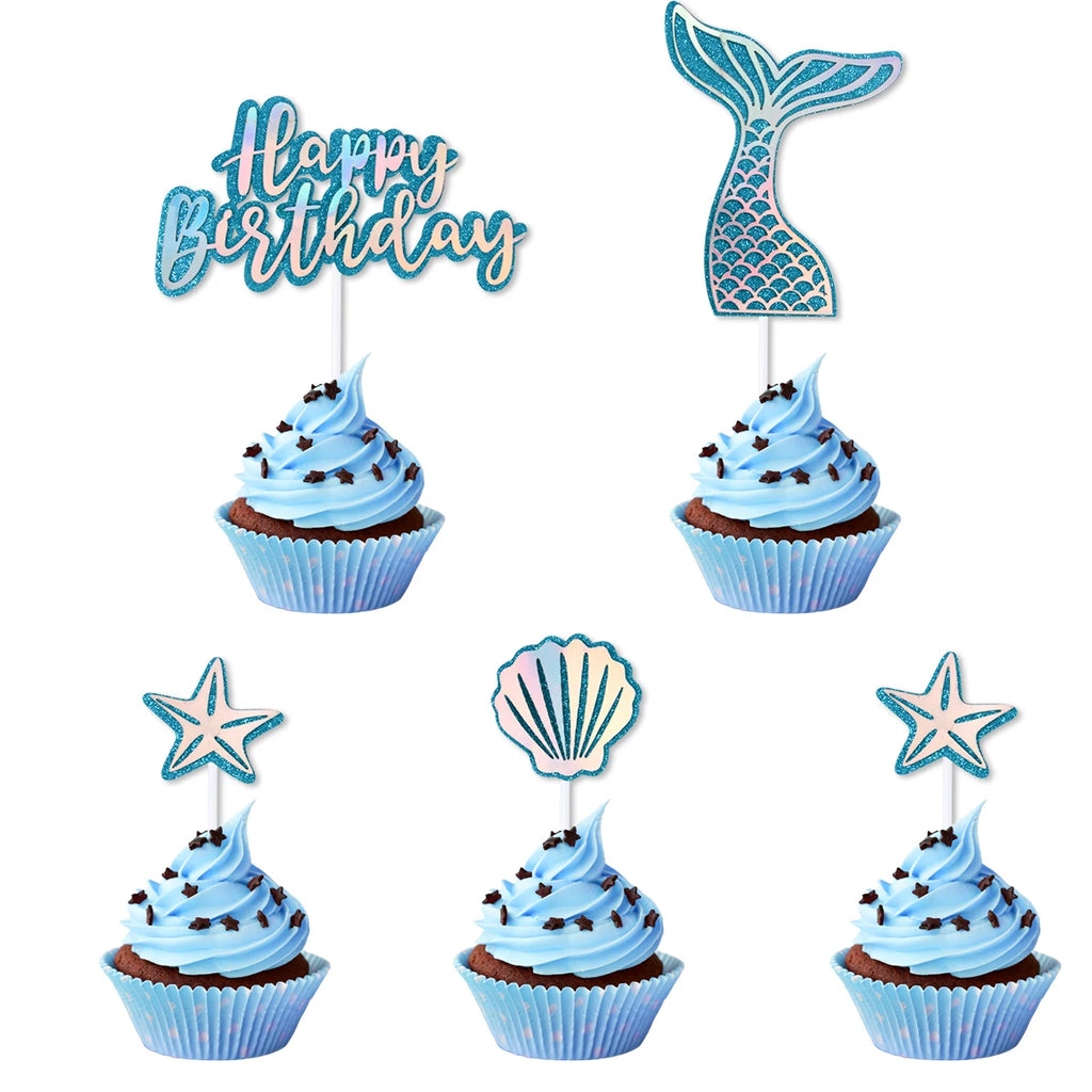 Mermaid Party Cake Decor Glitter Shell Starfish Mermaid Tail Cake Topper Under the Sea Girls 1st 2th Birthday Cupcake Topper