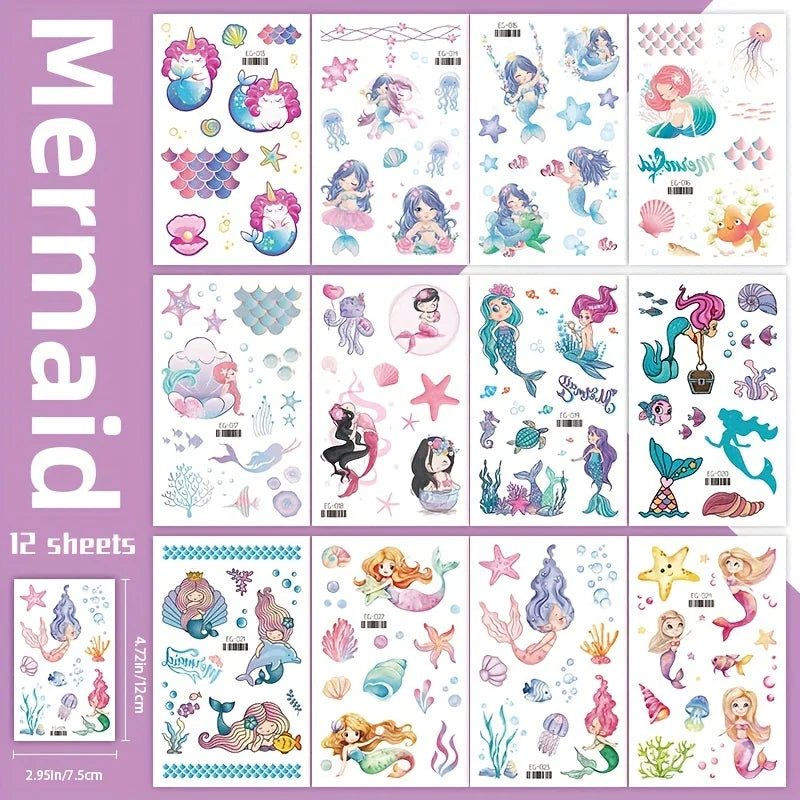 12 Sheets Glitter Mermaid Tattoo Stickers For Kids Cute Unicorn Temporary Tattoos Body Art Fake Tattoo Birthday Party Favors