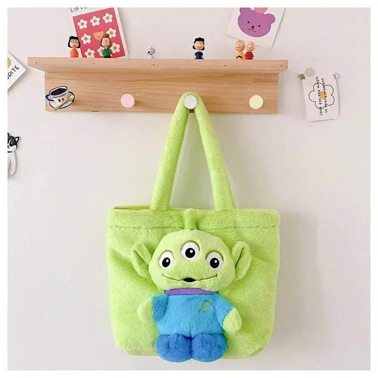 MINISO 2024 New Cartoon Plush Doll Shoulder Bag Sweet and Cute Stitch Strawberry Bear Soft Cute Girls Handbag