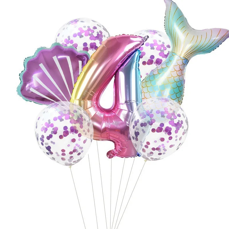 7 Pcs Little Mermaid Shell Balloons 32inch Number Foil Balloon Kids Birthday Party Decoration Supplies Baby Shower Decor Globos