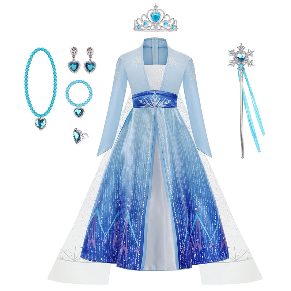 Elsa Costume for Girl Birthday Party Blue Long Sleeve Carnival Clothing Kids Princess Dress for Girls