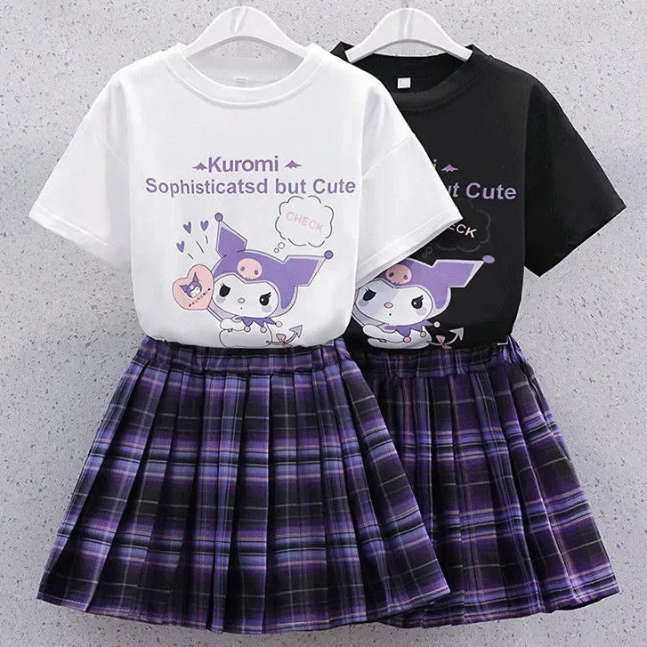 Sanrio Kuromi Kawaii Girls College Style T-shirt Skirt Suit Summer Clothes New Girl Suit Children's Clothes Style Pleated Skirt