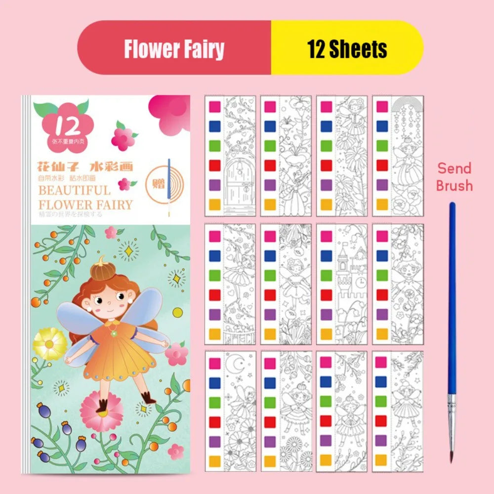 New 12 Pages Watercolor Coloring Book DIY Handcrafted Coloring Painting Book Portable With Painting Brush Mini Paint Pad Gift