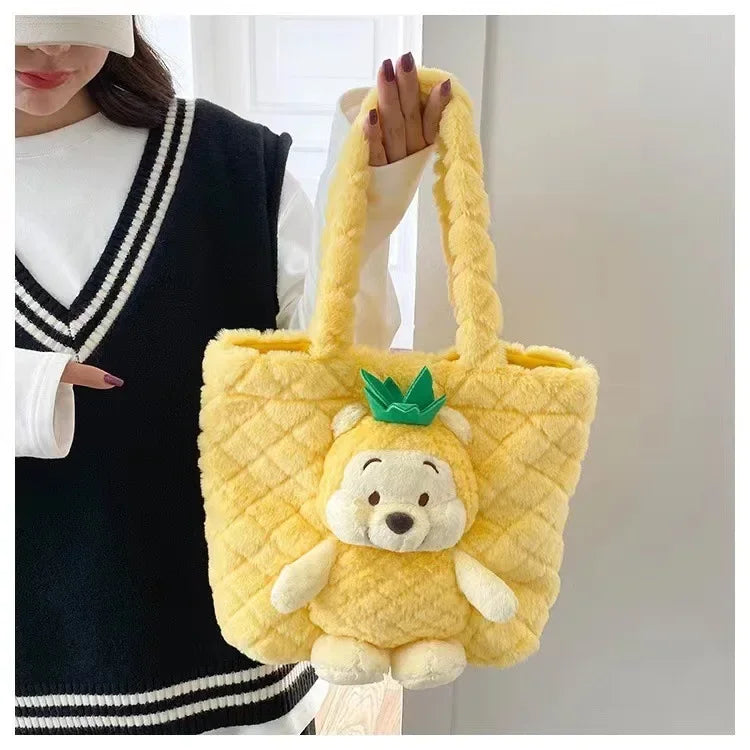 MINISO 2024 New Cartoon Plush Doll Shoulder Bag Sweet and Cute Stitch Strawberry Bear Soft Cute Girls Handbag