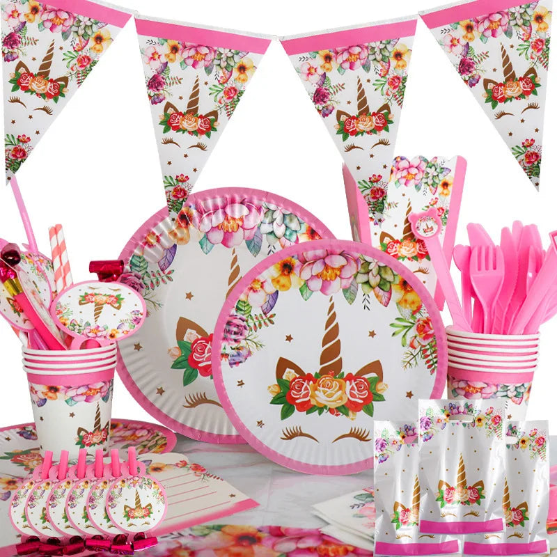Unicorn Decoration For Birthday Girl Happy Birthday Unicorn Them Deco Kit Tableware Background Banner Balloons Supplies For Kids