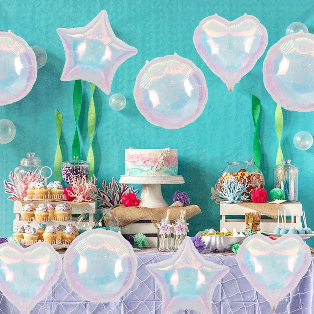 19Inch Foil Star Heart Round Balloons Transparent Iridescent Balloons for Mermaid Theme Birthday Disco Party Wedding Decorations