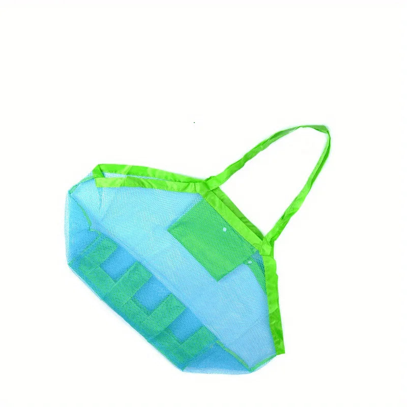 Youngsters' Large Mesh Beach Toy Bag with Blue and Green Side Pockets - Durable Seashell Collecting Tote for Sand Toys, Swimming