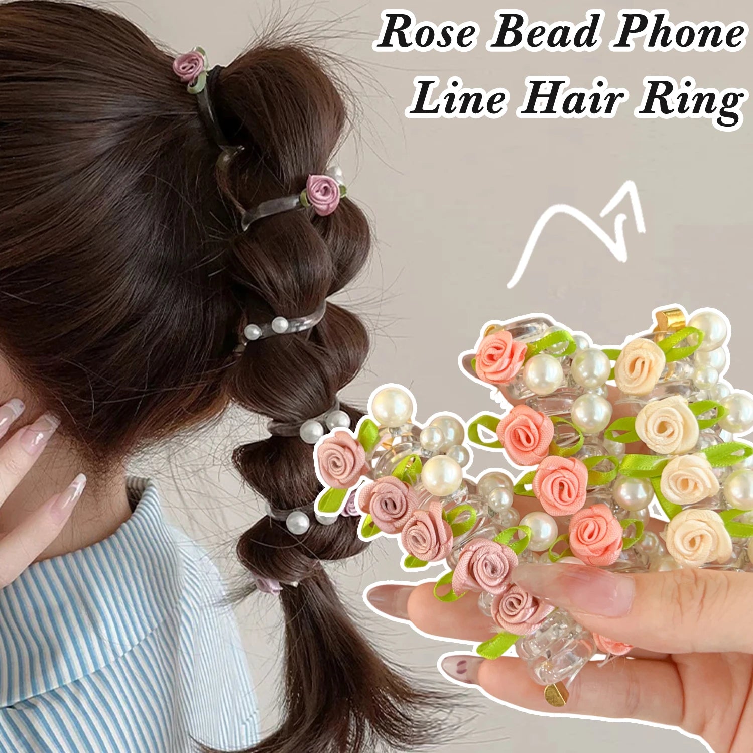 Rose Bead Telephone Line Headband Charming Tied Ponytail Braid Hair Rope Headband High Elasticity Rubber Band Pearl Headwears