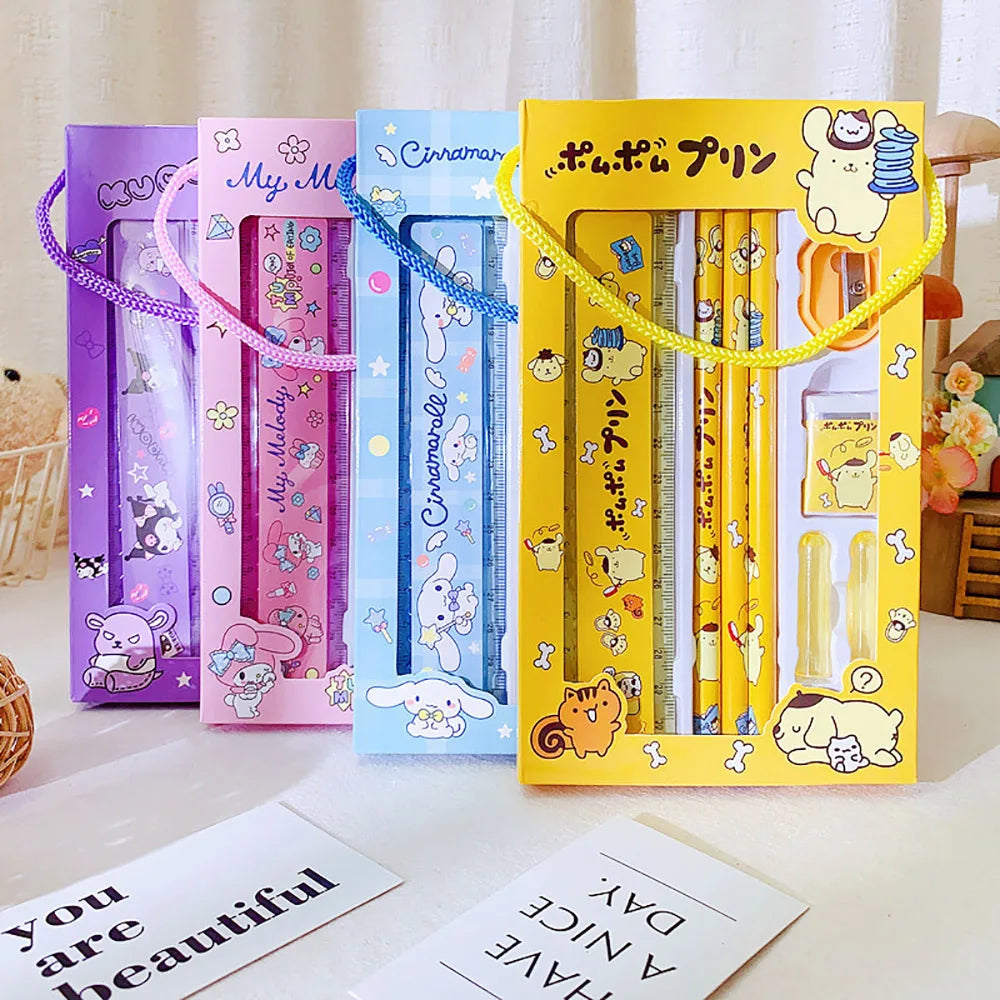 Sanrio Hellokitty Cinnamoroll Melody Kuromi Stationery Set Pencils Erasers Rulers Cartoon School Supplies Study Stationery Gifts